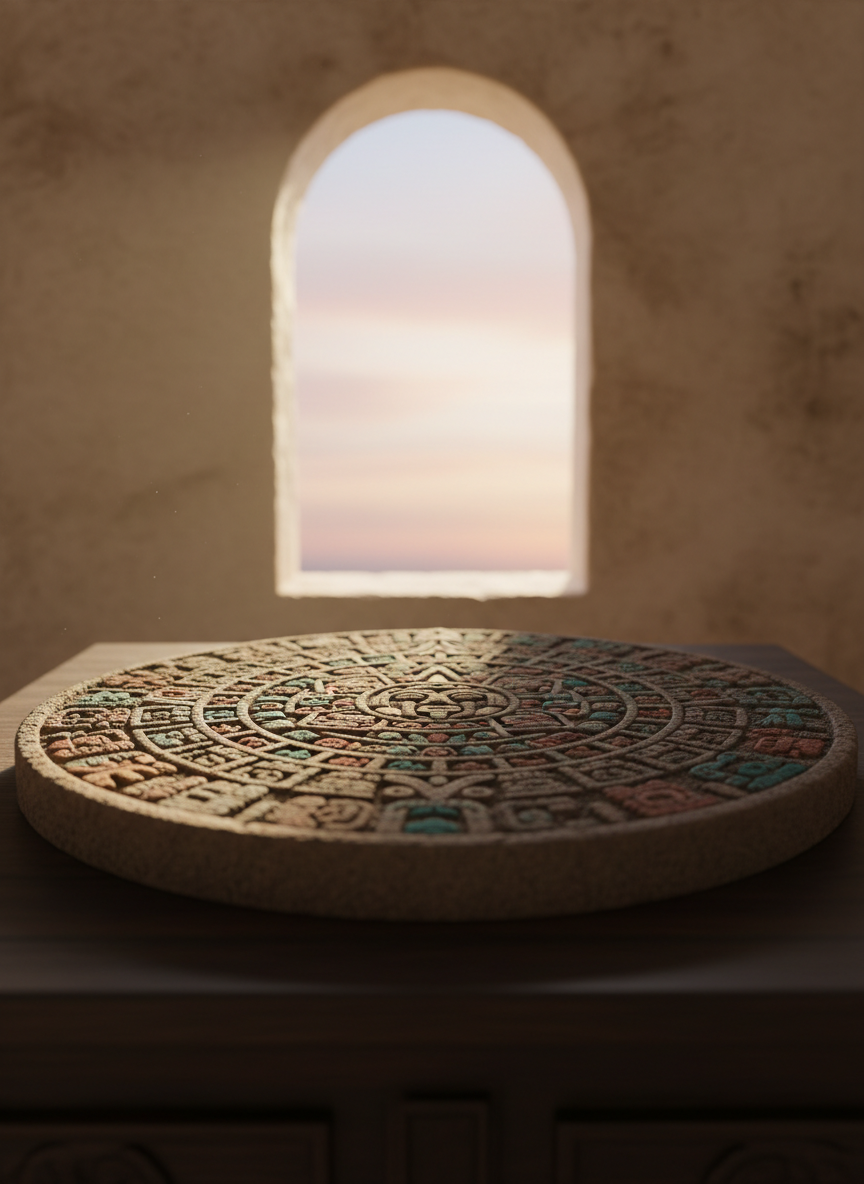 A richly detailed Mayan Tzolkin calendar stone rendered as a large, circular carved disk resting on a dark wooden altar. Every glyph around the circle is crisply engraved and subtly painted in earthy reds, turquoise, and gold. Behind it, an open stucco window reveals soft, early-morning sky gradients. Gentle natural light enters from the side, highlighting the carved textures and casting intricate shadows between the symbols. Photographic realism, shot at eye level with a slight angle, shallow depth of field so the central day glyph is razor sharp while the outer ring softly blurs. The mood is contemplative and mystical, suggesting daily guidance and cosmic rhythm without feeling esoteric or overwhelming.