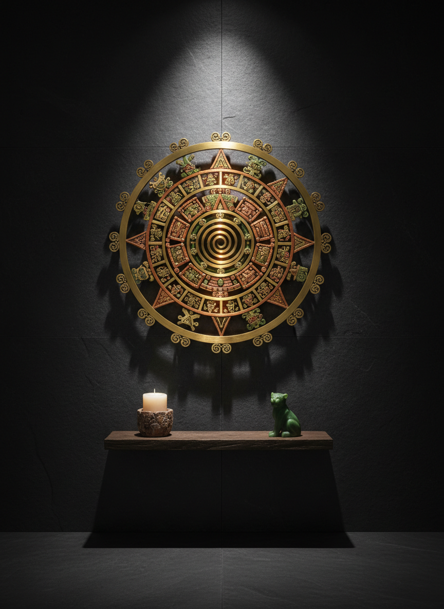 A large, vertical, photographic composition of a stylized Mayan Tzolkin wheel glowing faintly on a dark slate wall. The wheel is made of thin, metallic inlays in brass and copper, each glyph precisely etched and slightly illuminated as if backlit. Below it, a narrow floating wooden shelf holds a single candle in a clay holder and a small jade figurine, both unlit yet catching subtle reflections from the glyphs. The room is dim, lit mainly by a soft, warm spotlight from above, creating dramatic shadows and a sacred, meditative mood. Shot straight-on with balanced symmetry, sharp detail, and a modern, minimalistic spiritual aesthetic suitable for deep calendar wisdom themes.