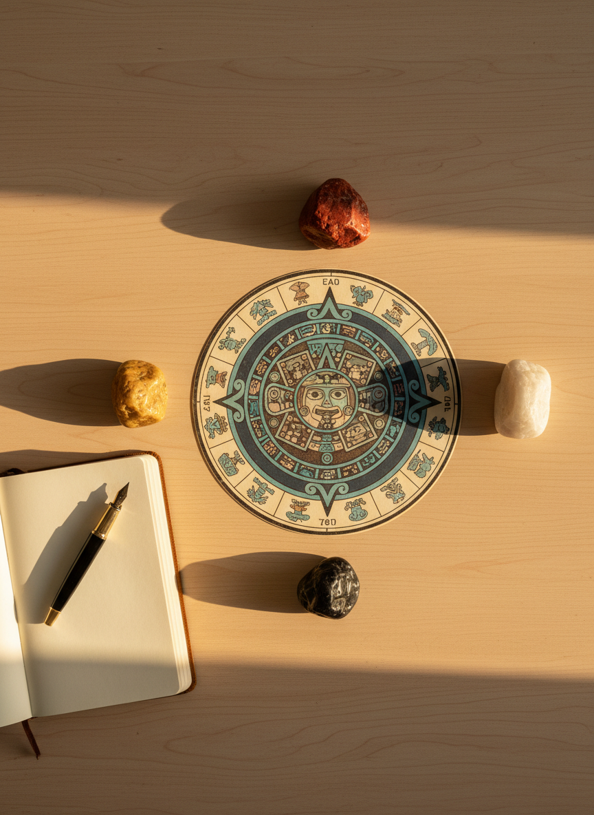 An overhead, photographic view of a neatly arranged Tzolkin consultation workspace: a circular Mayan calendar print at the center, surrounded by four cardinal-direction markers shaped as small carved stones in red, white, black, and yellow. A leather-bound journal lies open with blank creamy pages, a fountain pen resting diagonally on top. The surface is a smooth, light wooden table with subtle grain. Soft golden-hour sunlight enters from the left, forming a warm gradient across the calendar and gentle shadows from the stones. The atmosphere feels grounded, serene, and inviting, symbolizing daily Tzolkin guidance and personal insight. Composition follows the rule of thirds with crisp focus across the entire frame, in a clean, photographic, slightly rustic style.