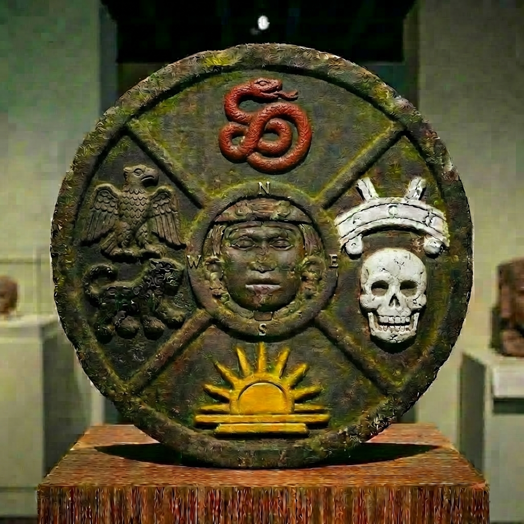 Stone relief carving with a central face and colorful Mesoamerican animal and celestial symbols.
